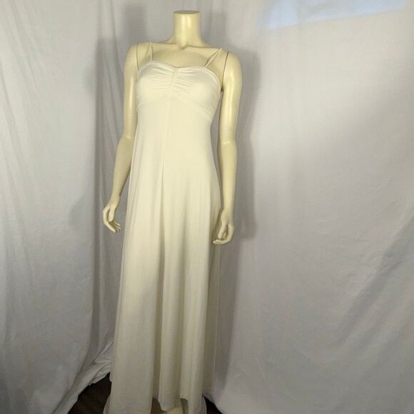 Vintage 1970s Ivory Slip Dress Bias Cut Maxi Gown Ruched Bust Spaghetti Strap Bo - Picture 14 of 15